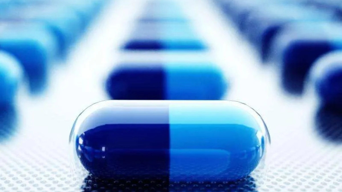 Blue pill symbolizing oral peptide drug innovation.