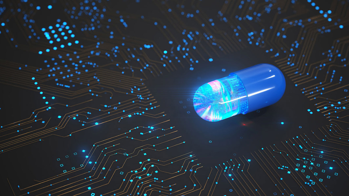 Blue smart pill symbolizing AI in drug innovation.