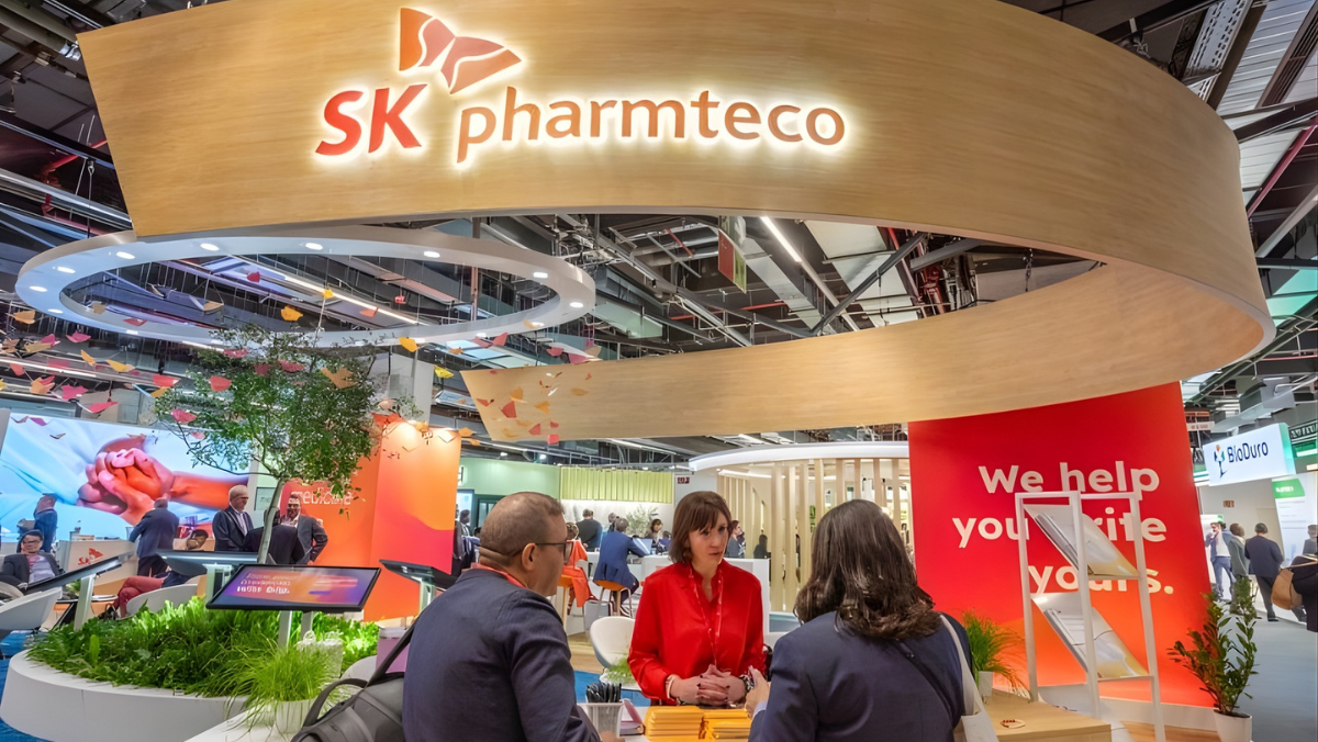 SK pharmteco exhibition booth with staff meeting attendees at industry event