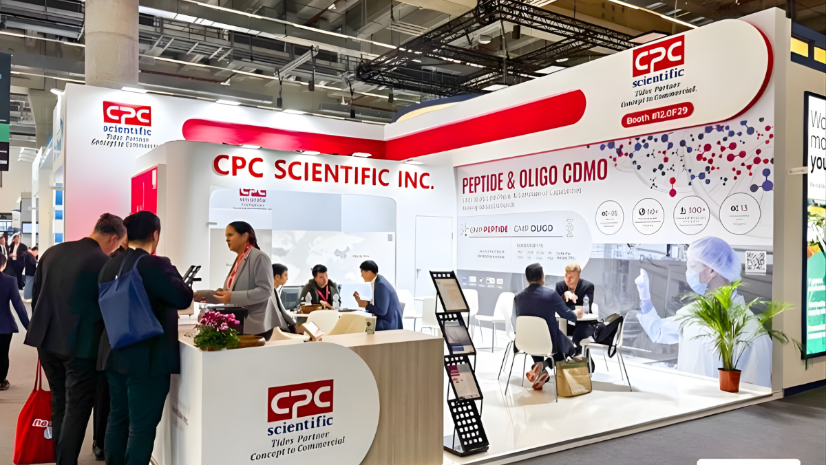 CPC Scientific booth showcasing peptide and oligo CDMO services at an industry event.