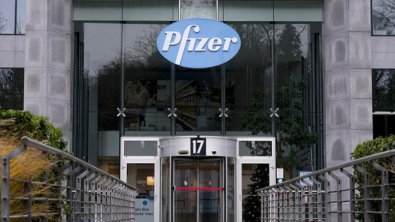 Pfizer corporate headquarters entrance with company logo