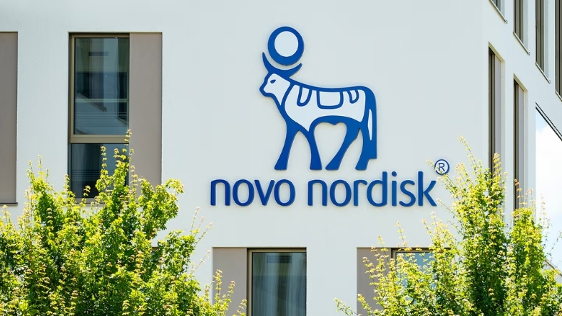 Novo Nordisk logo displayed on the exterior of a company office building