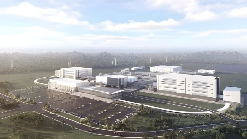 Aerial rendering of a modern drug manufacturing facility complex