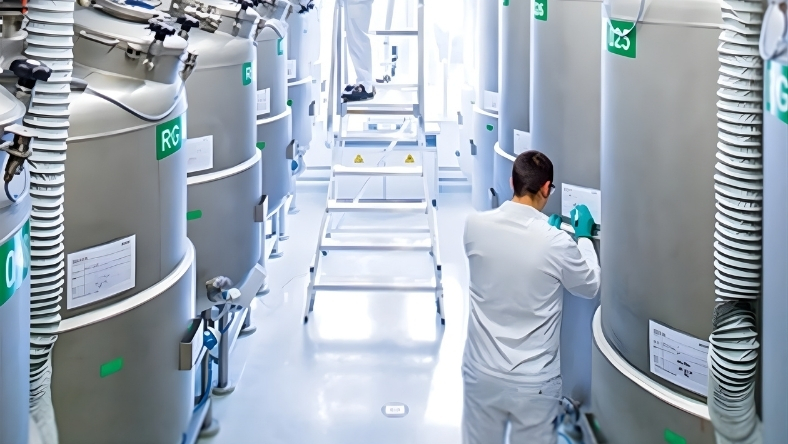 Pharmaceutical manufacturing facility with large stainless steel production tanks