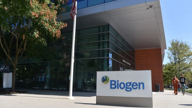 Biogen logo on exterior sign outside modern office building